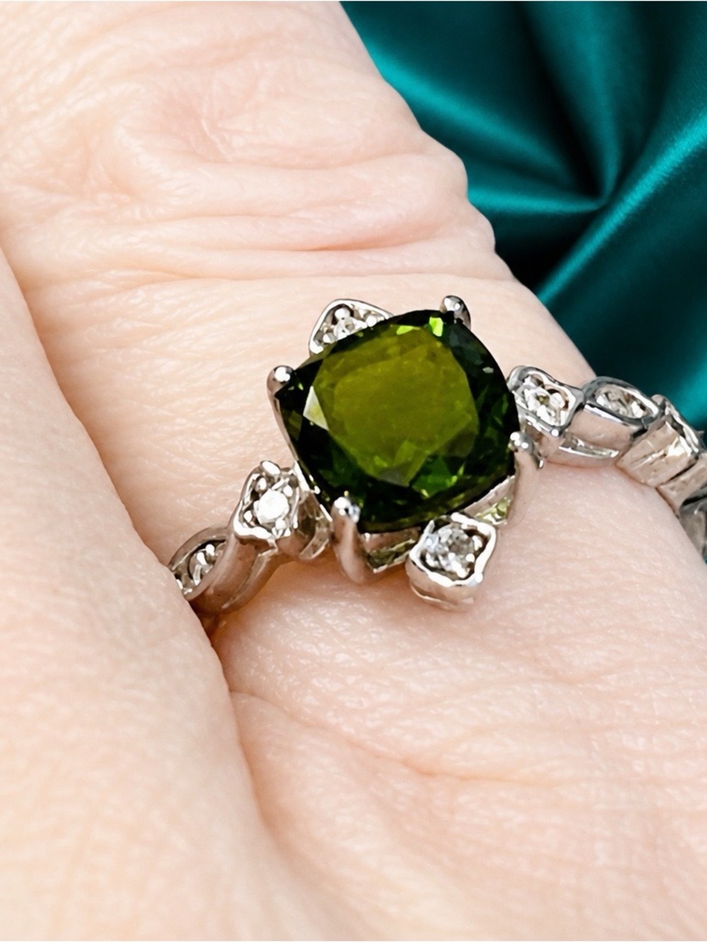 Genuine AAA Chrome Diopside Cushion-Cut, Rhodium over 925 Sterling Silver Ring